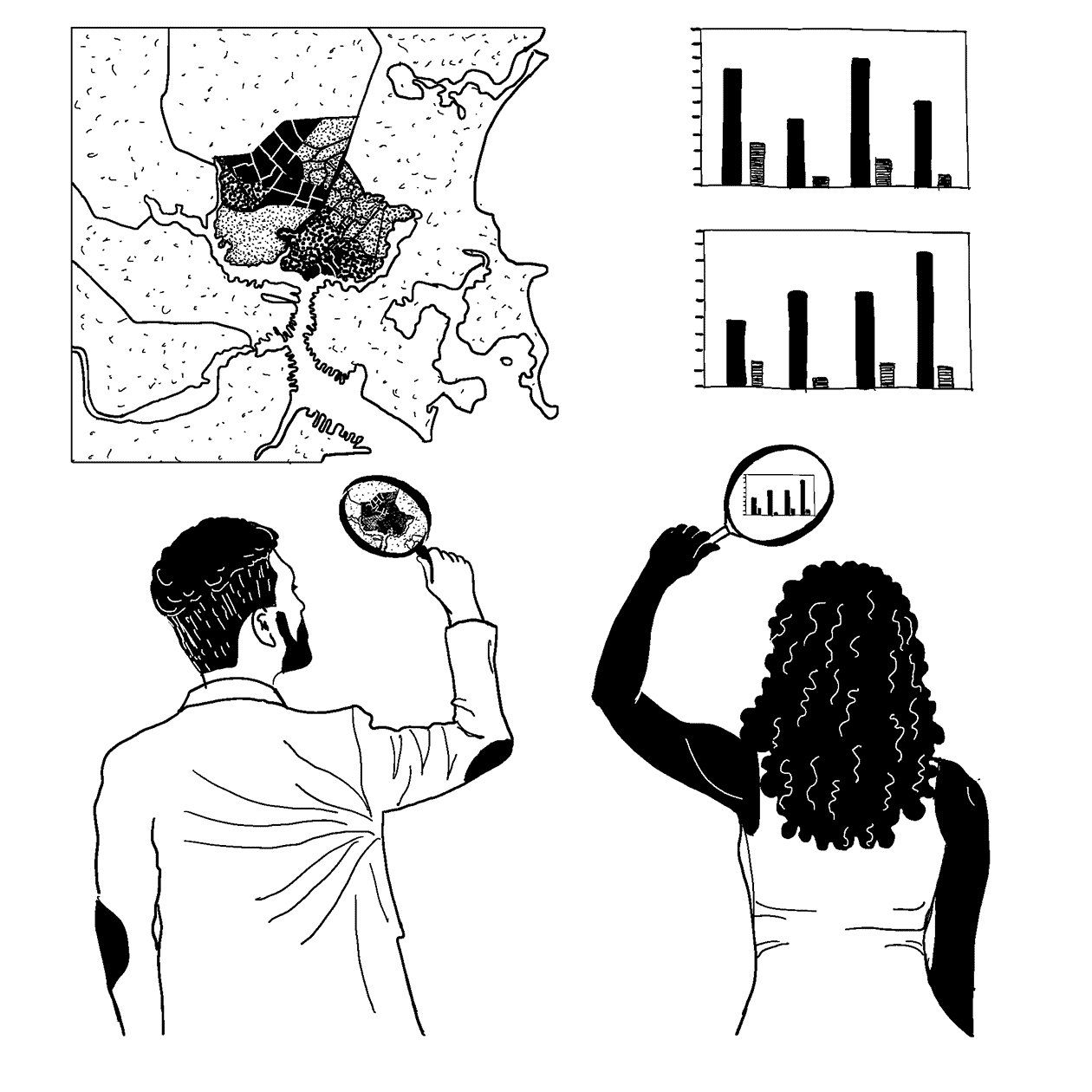 Line drawing showing two people standing in front of a wall, each holding magnifying glasses. Maps and charts are displayed on the wall, and the two people are examining them with their magnifying glasses.