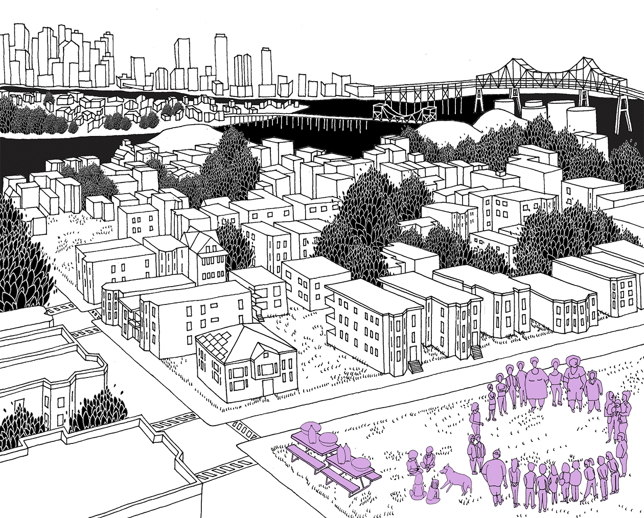 Dibujo lineal que muestra una panorámica de East Boston, con el Río Chelsea y el centro de Boston en el fondo. En primer plano, un círculo de personas de pie en un parque de la ciudad, cerca de mesas campestres.