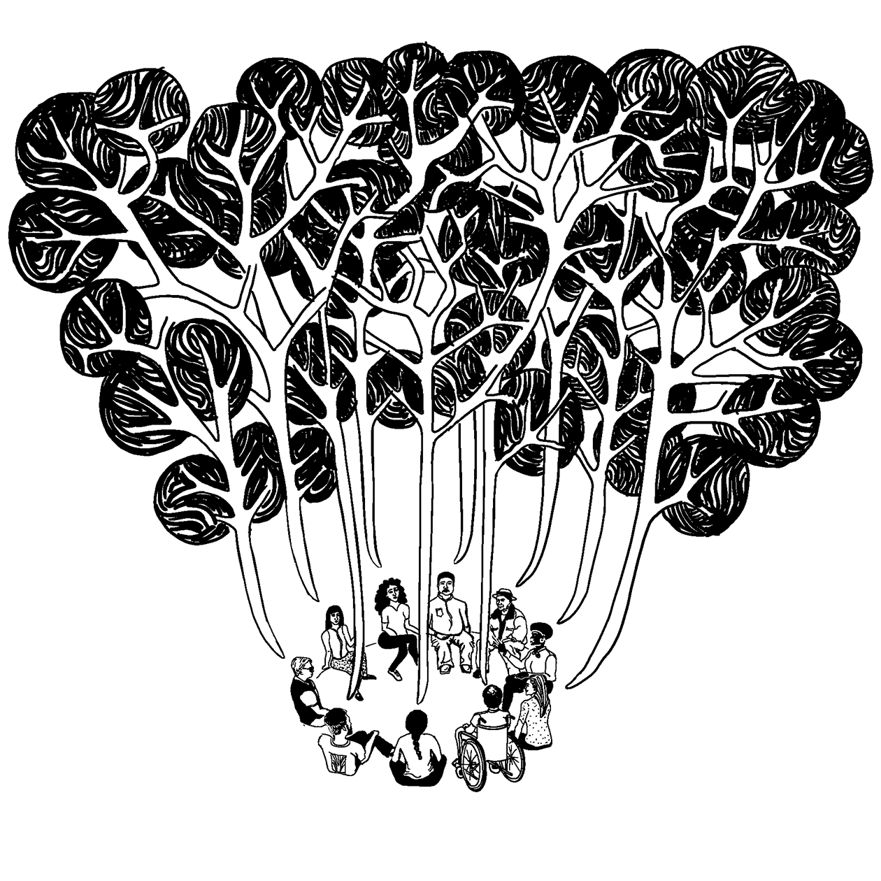 Black and white drawing showing a diverse group of community residents sitting in a circle having a conversation. Conversation bubbles are coming out from each person, and above the group the conversation bubbles are interminging to form trees in a forest.